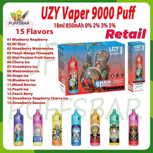 RETAIL Originale UZY VAPER 9000 Sigarette elettroniche usa e getta Puff 0% 2% 3% 5% 18ml Pod Batteria ricaricabile elettronica Cigs 9K Puffs Vape Pen