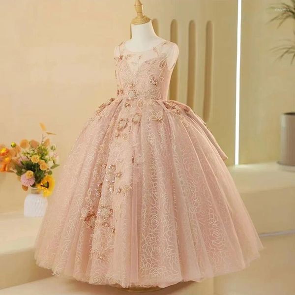 Abiti da ragazza Jill Wish Abito arabo di lusso rosa con perline di cristallo Dubai Principessa per bambini Compleanno Abito da ballo per feste di matrimonio 2024 J217