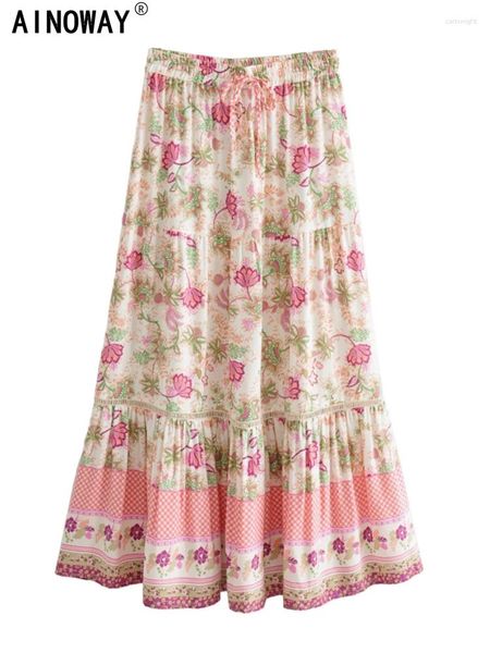 Saias vintage chique mulheres verão hippie lace up floral impressão plissada boho praia saia rayon algodão boêmio maxi