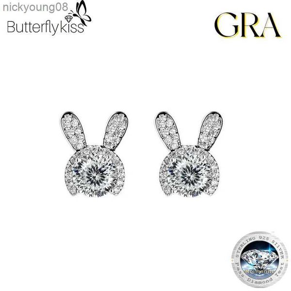 Charm Butterflykiss sevimli tavşan moissanit saplama küpeleri kadınlar için 925 sterling gümüş 5/6.5mm yuvarlak kesilmiş laboratuvar elmas küpe GRAL2403