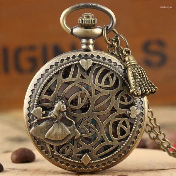 Relógios de bolso relógio antigo oco-out menina design princesa padrão quartzo movimento relógio para mulher senhora com camisola corrente
