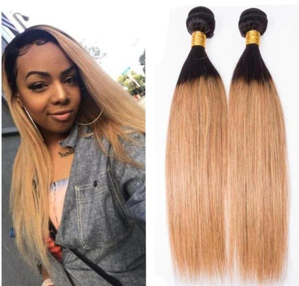 Peruano virgem em linha reta ombre tecer pacotes raiz escura mel loira extensões de cabelo humano colorido 1b 27 em linha reta 3 pacotes para 43101144078