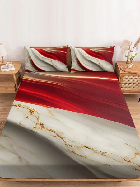 Conjunto de lençol de cama vermelho com textura de mármore, conjunto de lençol com elástico, capa de colchão king size com fronha