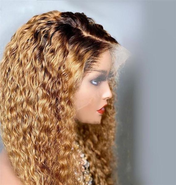 Glueless Malásia Kinky Curly Ombre Silk Top Laces Completos Peruca de Cabelo Humano 360 Frontal Pré Arrancado Natural Linha Fina Mel Loira 13x6 4699965