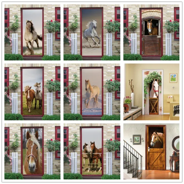 Adesivos 3d cavalo papel de parede na porta para sala estar quarto casa design auto vara vinil adesivo diy porta decoração decalque mural