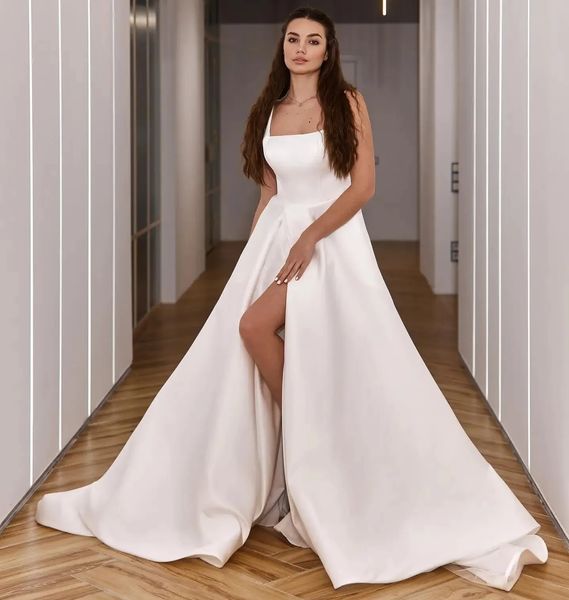 2024 vestido de casamento popular para mulheres pescoço quadrado alças largas cetim fenda a linha vestidos de festa de noiva novias yd