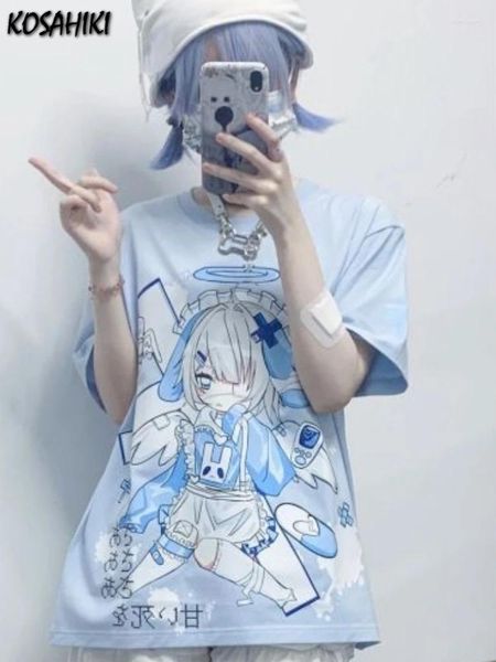 T-shirt da donna Donna Harajuku Cartone animato giapponese T-shirt carina con stampa Kawaii Oversize Grunge Y2k Estetica Blu Estate Streetwear Tees