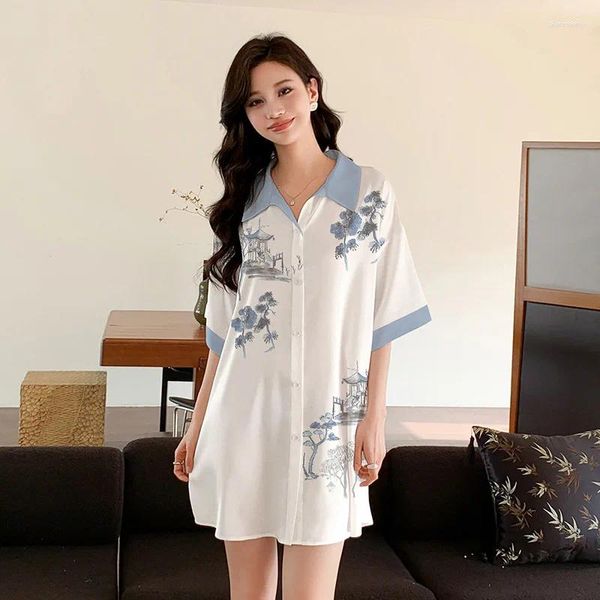 Mulheres sleepwear cetim de seda casa nightdress senhora cardigan camisa noite vestido sexo lapela menino amigo estilo moda mulher dormindo