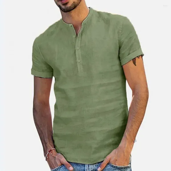 Мужские футболки, однотонная рубашка, стильный воротник-стойка на пуговицах для повседневной деловой одежды, свободный крой с короткими рукавами, пляжный топ, летний