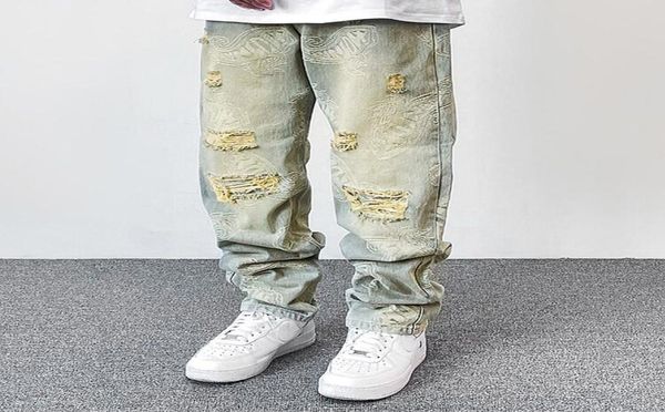 Брюки с рваными дырками, рваные потертые джинсы с принтом пейсли для мужчин, прямые потертые мешковатые повседневные джинсовые брюки из кешью5435926