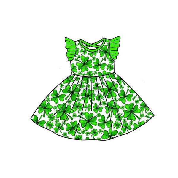 Mädchenkleider Heißes Verkaufskleid mit kleinen fliegenden Ärmeln für Mädchen St. Parker auf normalem Knierock, Kleeblattmuster, Milchseidenstoff 240315