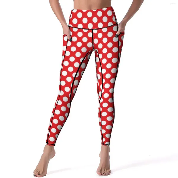 Aktive Hose weiß und rot gepunktet Yoga Vintage Spot Print Gym Leggings hohe Taille dehnbare Sportstrumpfhose Sexy Grafik