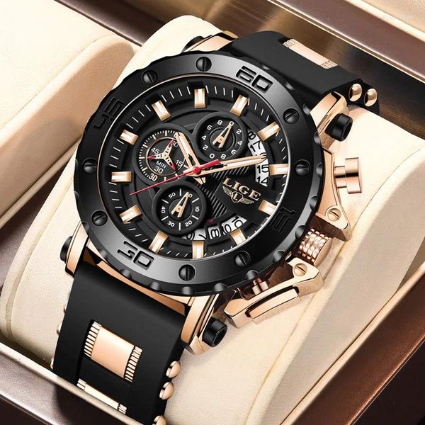 Armbanduhren LIGE Mode Herrenuhren Silikon Sportuhr Herren Quarz Datum Uhr Wasserdichte Armbanduhr Chronograph Mann