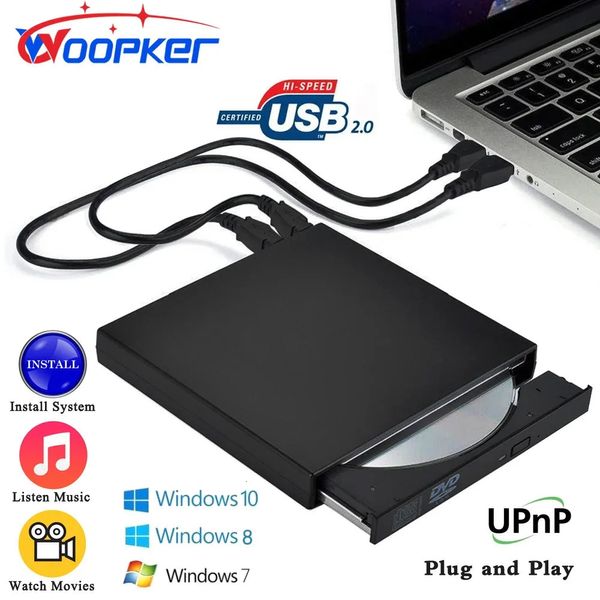 Woopker USB 2.0 Externer DVD-Player CD-Laufwerk MP3-Musikfilme Tragbares Lesegerät für Windows 7 8 10 Laptop Desktop PC Computer 240229