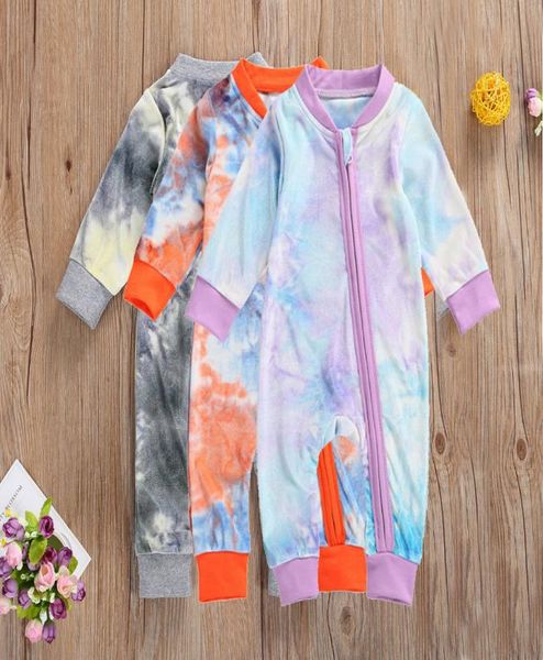 Neonato Neonato Ragazze Velluto Cerniera Pagliaccetto Manica lunga Tie Dye Stampa Pagliaccetto Tuta Neonate Autunno Indumenti da notte Vestiti6727265