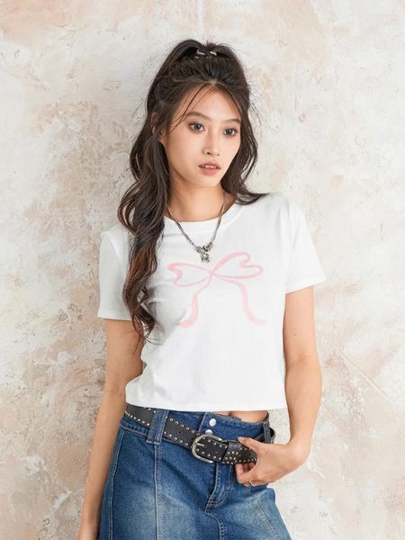 T-shirt da donna T-shirt a maniche corte Y2k con fiocco carino T-shirt girocollo Kawaii T-shirt estive E-Girl per uscire T-shirt basic T-shirt streetwear