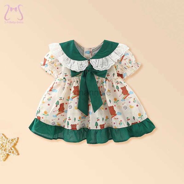 Vestidos da menina verão menina impressão roupas dos desenhos animados rendas flap crianças vestido estilo country arco para crianças de 0 a 3 anos de idade criança 240315