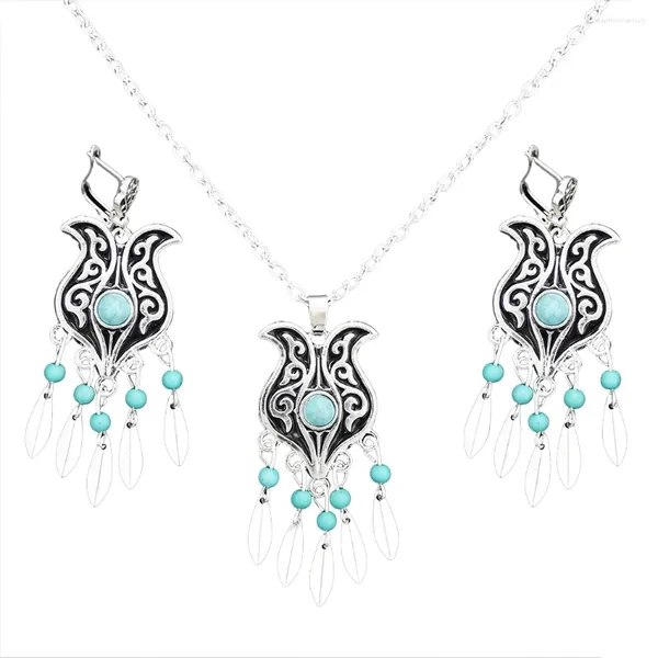 Halskette Ohrringe Set Gypsy Rot Blau Acryl Halsketten Sets für Frauen Boho Vintage Metall Damen Party Schmuck Türkisch Afghanisches Geschenk