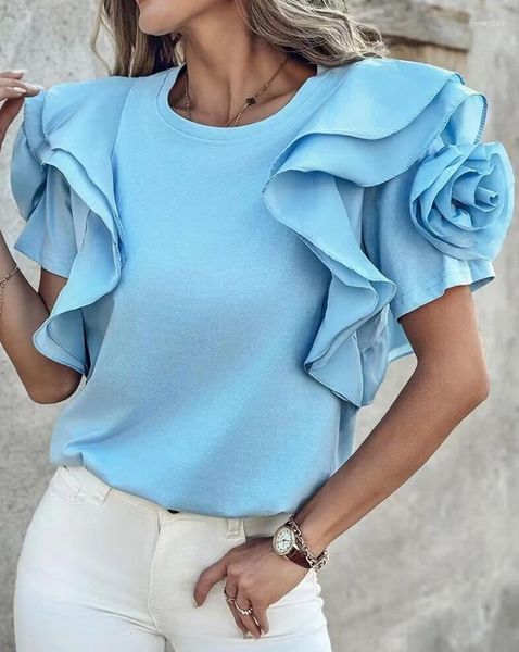 Damen-T-Shirts, tägliches Top, Y2K-Kleidung für Frauen, 2024, Frühling, Sommer, kurzärmelige Blusen, lässig, schlichtes T-Shirt mit Rosendetail und Rüschensaum