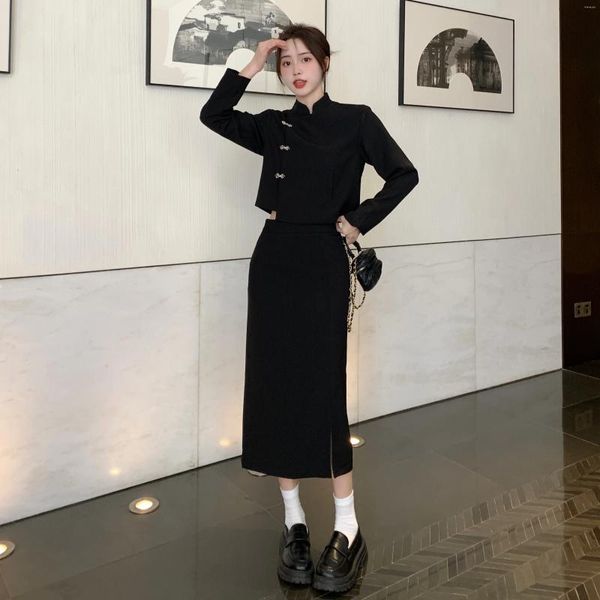 Zweiteiliges Kleid Echt S Plus Größe Fat Lady Chinesischen Stil Kurzer Blazer Anzug Frauen 2024 Schwarze Jacke Halbkörperrock Zweiteiliges Set
