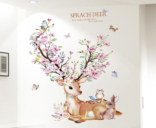 Shijuekongjian cervos coelho animal adesivos de parede diy flores decalques de parede para casa crianças quartos decoração do quarto do bebê 2011309321385