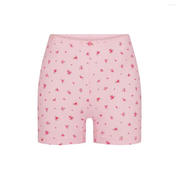 Pantaloncini da donna floreali rosa a vita alta elasticizzati