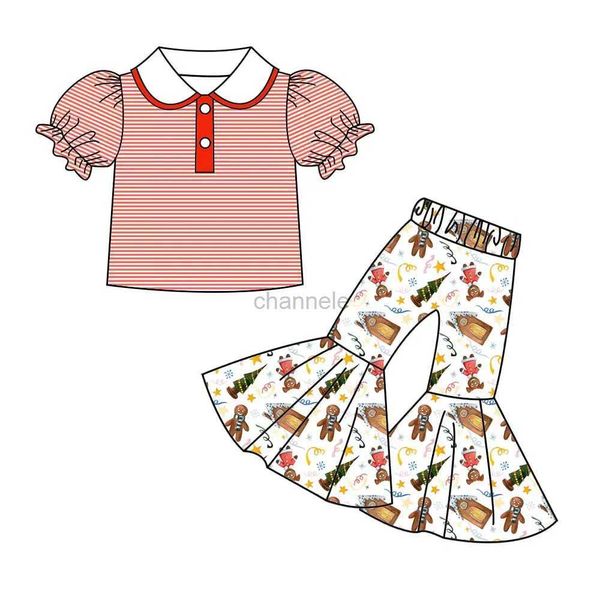 Vestidos da menina Novo design vestido de Natal para meninas manga buffy calças largas definir padrão de pão de gengibre tecido de seda leitosa estilo casual 240315