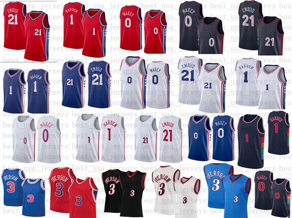 James Harden Tyrese Maxey Joel Embiid Basketballtrikot Allen Iverson Matisse Thybulle City White Edition Retro-Shirt Blaue Trikots