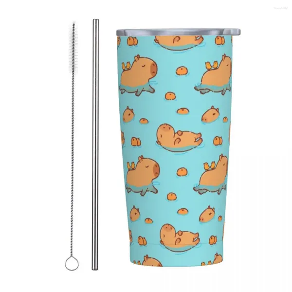 Tumblers Capivara Natação Laranjas Tumbler Isolado com Canudos e Tampa Animal Aço Inoxidável Viagem Copo Térmico 20 Oz Smoothie Caneca de Chá