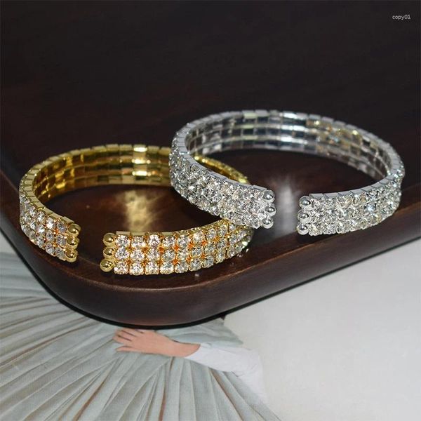 Bangle 1 PC 5.5cm Multi-row Strass Nupcial Casamento Pulseiras Ouro / Prata Cor Cristal Pulseira Aberta Mulheres Pulseira Elástica Jóias