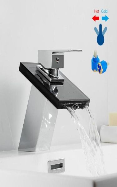Стеклянный смеситель для раковины с водопадом в ванной комнате, смеситель для ванной комнаты, черный стеклянный смеситель для раковины, из твердой латуни, смеситель для раковины46983956542602