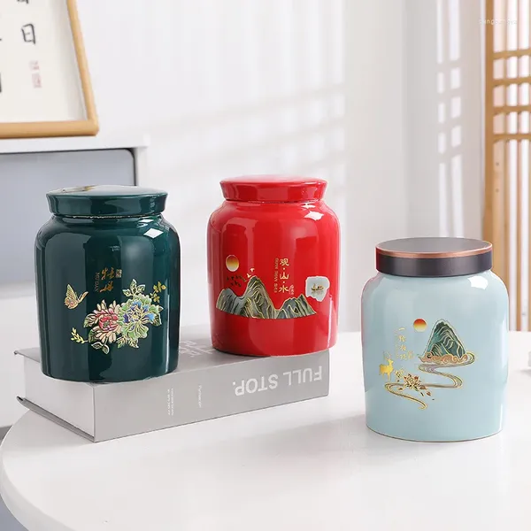 Vorratsflaschen Chinesische Keramik Teedose mit Deckel Home Obst Nüsse Kaffeebohnen Heilkräuter versiegeltes Glas Küche Lebensmittelbehälter Dekoration