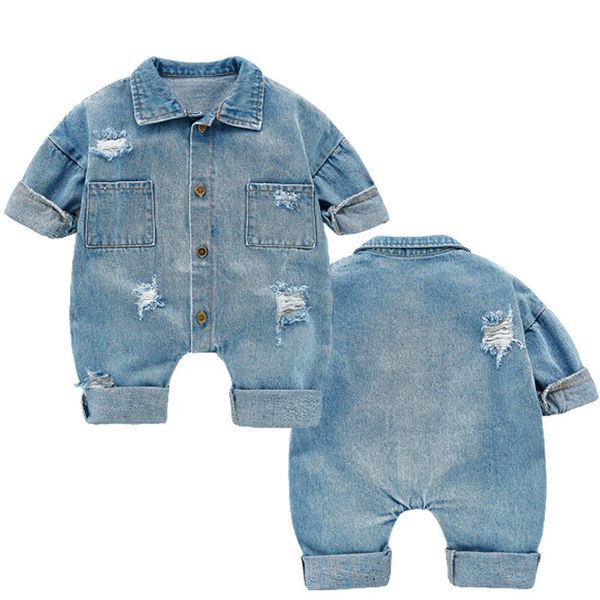 Bebê denim roupas de bebê roupas de bebê bebê menino macacão de algodão flexível buraco denim roupas menina bebê macacão 240315