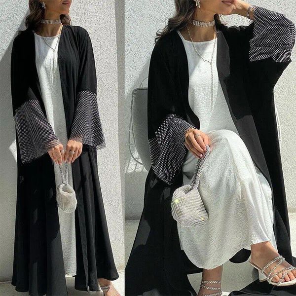 Etnik Giyim Zarif Kadınlar Elmaslar Hırka Müslüman İslami Siyah Açık Ön Abaya Elbisesi Türkiye Kaftan Elbisesi Orta Doğu Çöp Ramazan