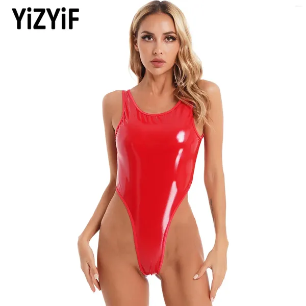 ADQI Damen-Badebekleidung, sexy Body, hoher Schnitt, Schwimm-Tanga, Lackleder, PVC, Catsuit, ärmellos, rückenfrei, offener Schritt, Trikot-Kostüme