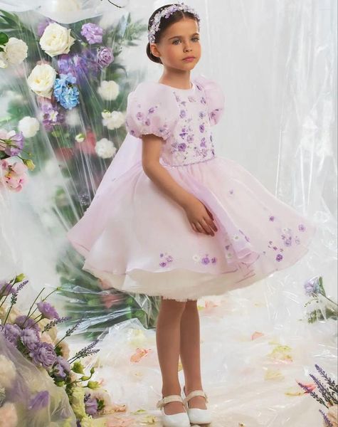 Vestidos da menina inchado vestido de baile flor floral apliques crianças vestidos de aniversário com xale na altura do joelho meninas pageant