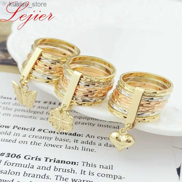 Cluster Rings Lejier 2023 Oro Laminado Three Color Style 18K Gold Elephant Heart Flower Plated Ring For Women Classic Fine Finger Jewelry L240315