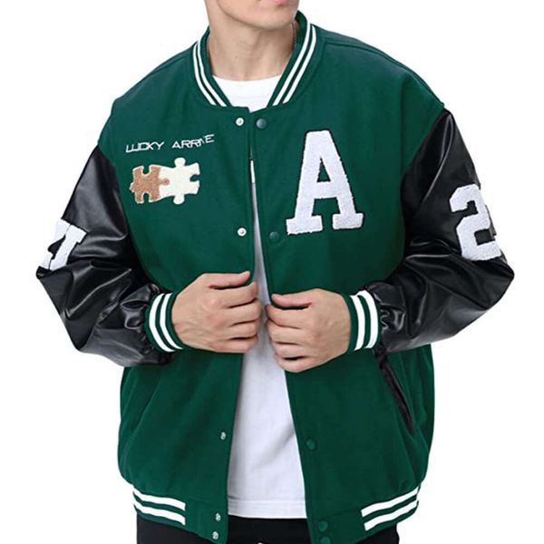 Atacado em branco Letterman Varsity Jackets Custom Bomber College University Jaqueta de beisebol verde para homens 23