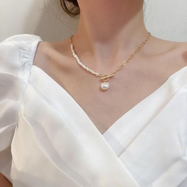 Chokers Elegante natürliche Süßwasserperlenhalskette für Frauen Gold Chunky Link Chain Asymmetrie Knebelverschluss Circle271l