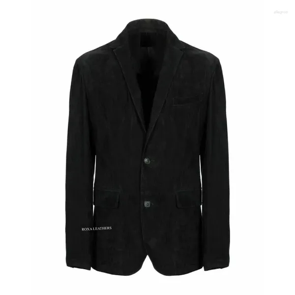 Jaquetas masculinas preto elegante camurça autêntica blazer de couro macio casaco de dois botões