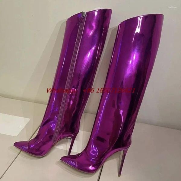 Botas apontadas toe stiletto cor sólida laser couro joelho-alto tamanho grande versátil sexy mulheres