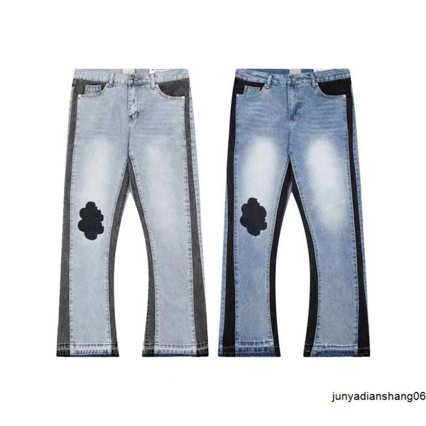 Na moda de alta rua dos homens calças jeans moda designer azul denim queimado calça juventude rebite impressão remendo branco jean bordado meninos kecks