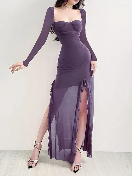 Повседневные платья, платье для женщин, сексуальное сетчатое платье с разрезом и рюшами, длинное вязаное элегантное элегантное платье для выпускного вечера с рукавами фиолетового цвета