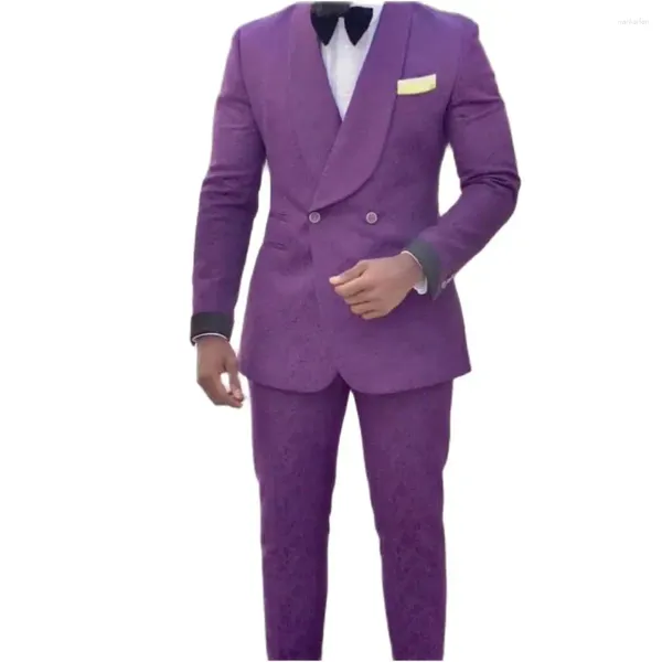 Мужские костюмы Фиолетовый жаккардовый мужской костюм из 2 предметов с шалью и лацканами, двубортный выпускной, приталенный пиджак, смокинги, свадебные костюмы для жениха, пальто, брюки