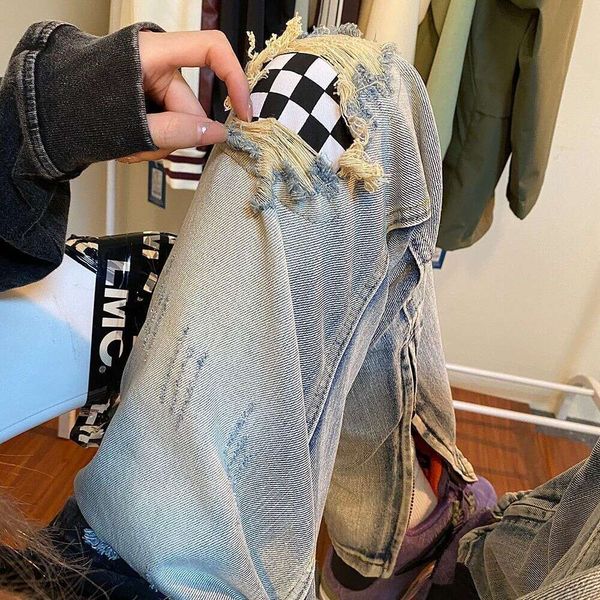 Jeans traforati Instagram American Vibe High Street per pantaloni da uomo estivi sottili e larghi dritti alla moda