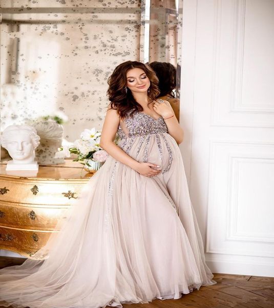 Sexy V-Ausschnitt Umstandsabendkleider nach Maß Perlen Pailletten Plus Size Prom Frauen formelle Kleider A-Linie Tüll Schwangere Robe De M1651932