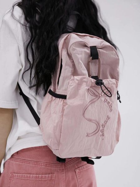 Borse da scuola Zaini rosa in nylon da donna per ragazze Borsa da ricamo coreana per bot Stile preppy da viaggio leggero femminile ad alta capacità