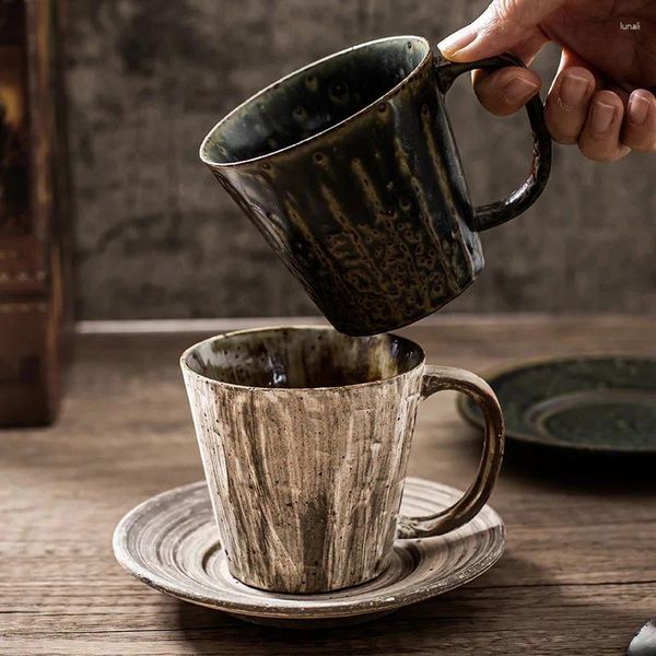 Copos pires japonês retro cerâmica áspera xícara de café e placa conjunto casa cerâmica água escritório casal caneca cozinha drinkware