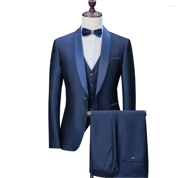 Мужские костюмы 2024 Свадебный для мужчин с шалевым воротником 3 предмета Slim Fit Синий костюм Смокинг Куртка Свадебная (Блейзер Брюки Жилет)