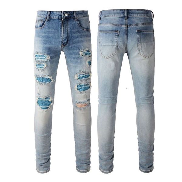 Jeans da uomo firmati High Street denim lavato con diamanti blu con toppe alla moda invecchiate Jeans elasticizzati Rock Revival Jeans Hole Blue Pants